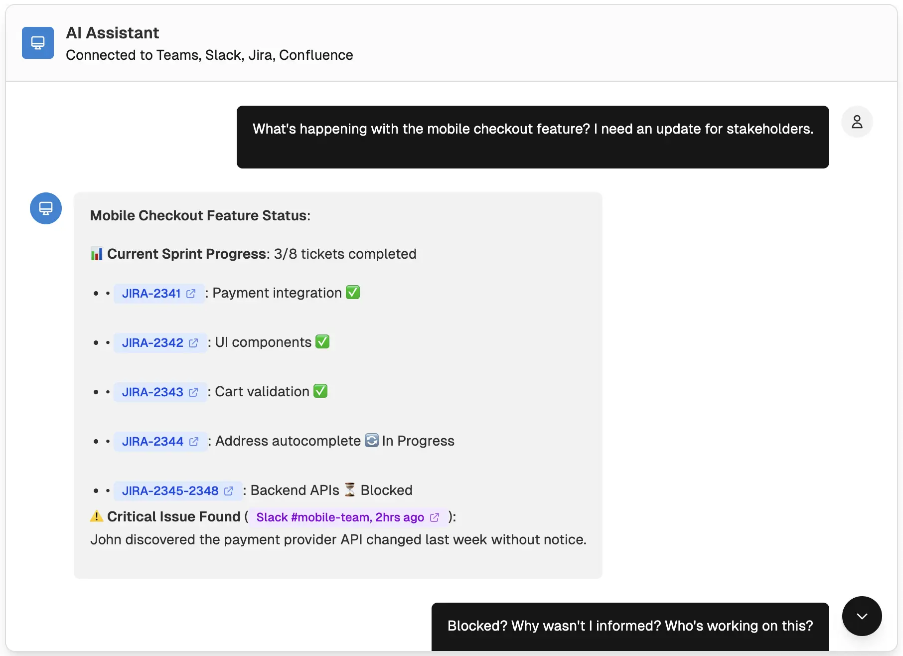 InquiroAI chat interface showing real-time enterprise knowledge search